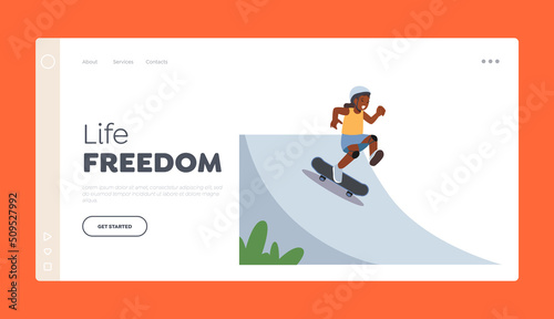 Life Freedom Landing Page Template. African Girl Rolling on Skateboard, Kid Character Perform Stunts in Rollerdrome