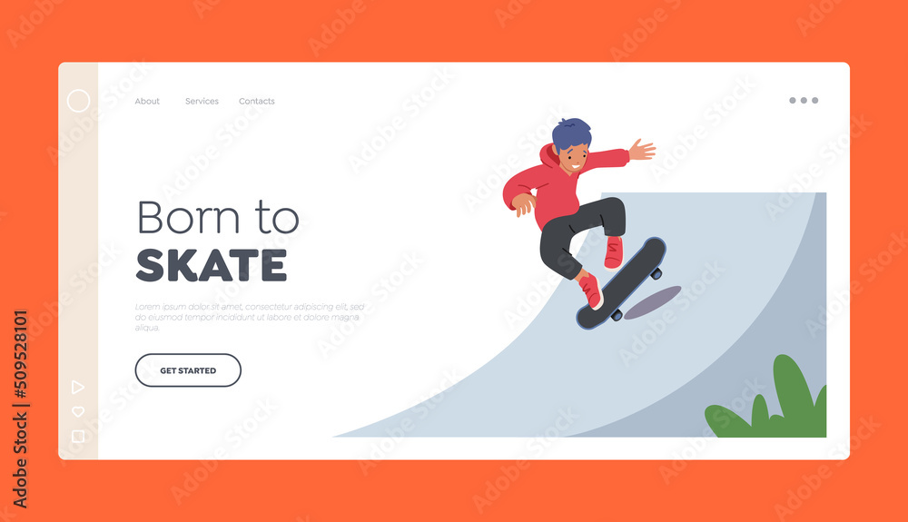 Kid Skateboarding in Skatepark Landing Page Template. Young Boy in Modern Clothing Jumping on Skateboard Outdoors