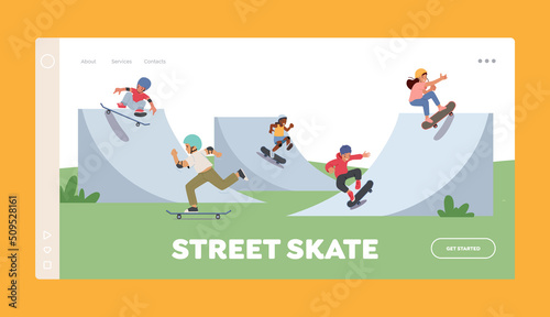 Street Skate Landing Page Template. Children Skating Longboard in City Park. Teen or Preteen Kids Skaters Freedom Life