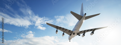 Conceptual flying white passenger jetliner or commercial plane after take off rising over a beautiful sky background. 3D illustration for jet transportation, travel industry or modern freedom concept