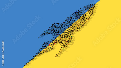 Concept or conceptual large community of people forming the sign of a rocket  on Ukrainian flag. 3d illustration metaphor for war, attacks, agression, devastation, destruction and casualties photo