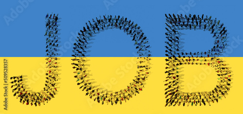 Wallpaper Mural Concept  or conceptual community of people forming JOB word on Ukrainian flag. 3d illustration metaphor for work, employment, refugees, civilians, help, support, assistance, generosity and compassion Torontodigital.ca