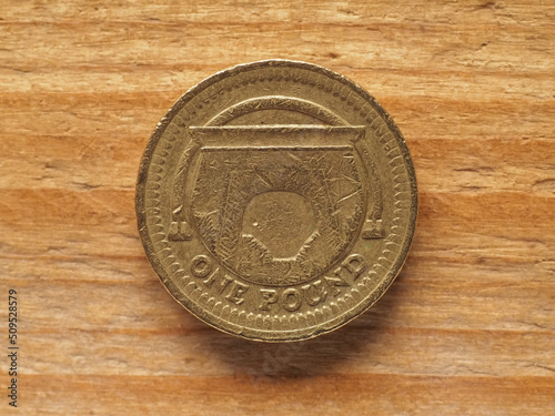 1 Pound coin, reverse side showing Egyptian Arch Railway bridge,