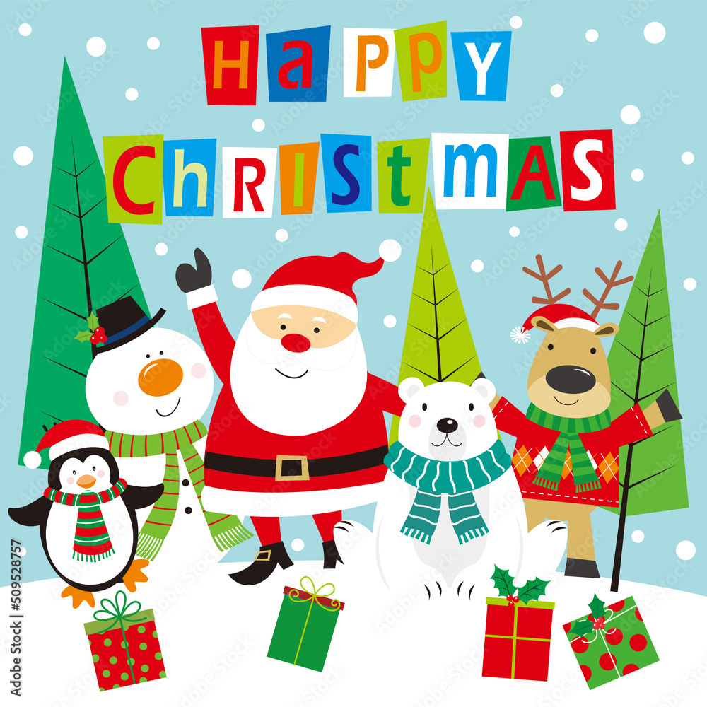 christmas card with santa claus, snowman, penguin, bear and reindeer
