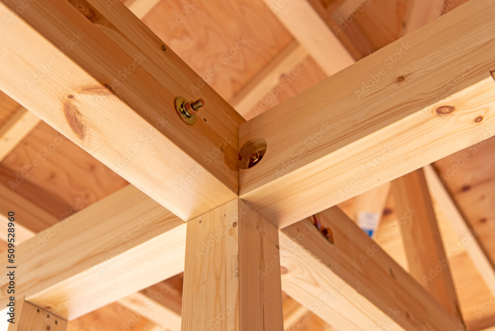Japanese wooden house construction site: beams and columns