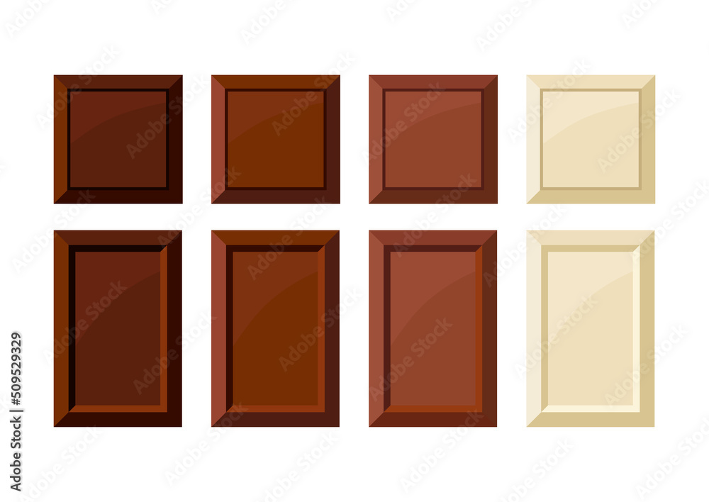 Fototapeta premium Chocolate bar piece rectangular and square chunk vector icon set. Yummy brown dark, bitter, milky and white choco part collection. Flat design cartoon style cacao sweet food clip art illustration.