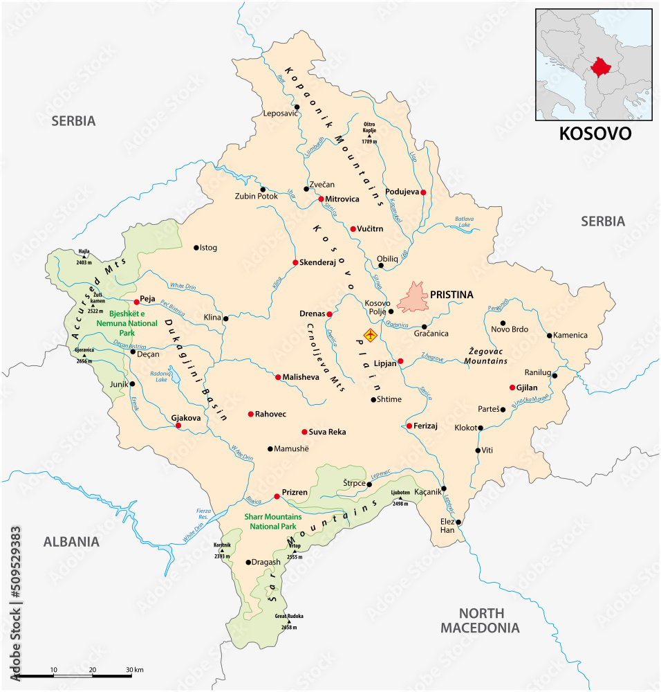 Vector map of the southern European Republick Kosovo