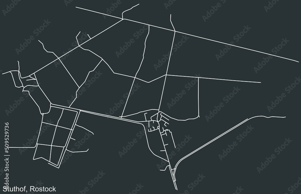 Detailed negative navigation white lines urban street roads map of the STUTHOF DISTRICT of the German regional capital city of Rostock, Germany on dark gray background