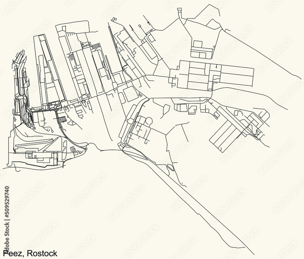 Fototapeta premium Detailed navigation black lines urban street roads map of the PEEZ DISTRICT of the German regional capital city of Rostock, Germany on vintage beige background