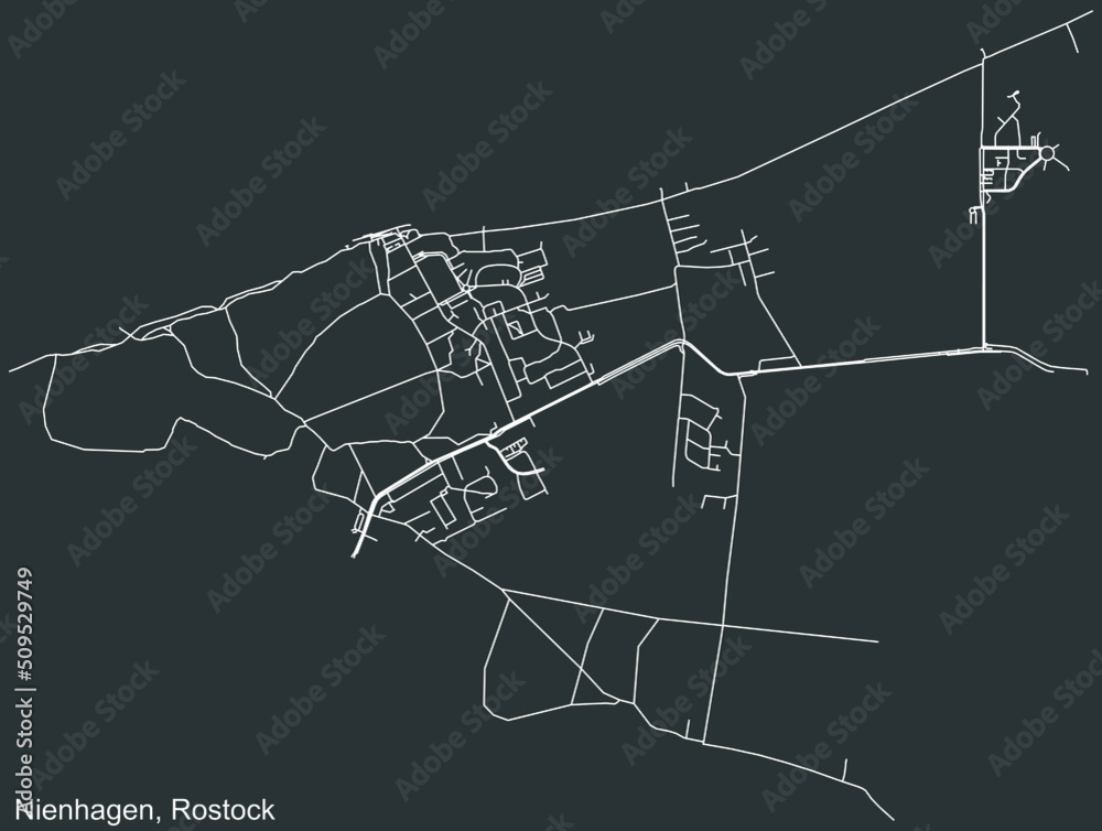 Detailed negative navigation white lines urban street roads map of the NIENHAGEN DISTRICT of the German regional capital city of Rostock, Germany on dark gray background