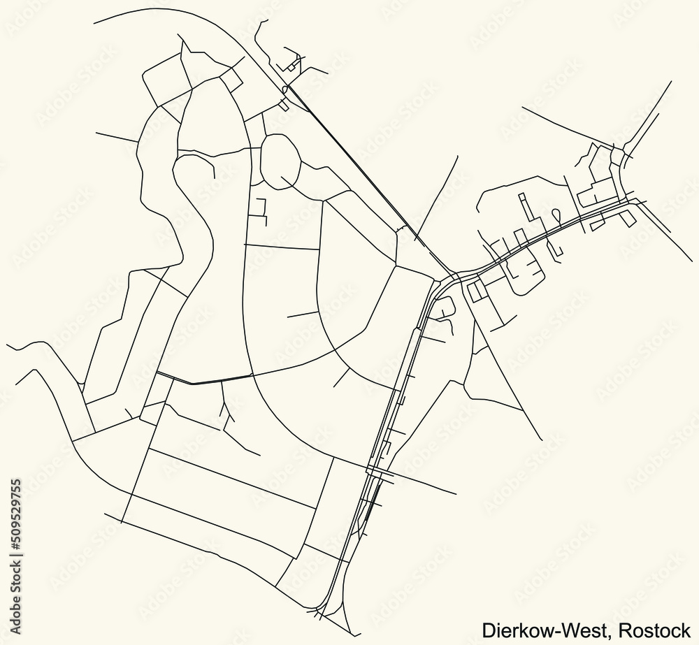 Detailed navigation black lines urban street roads map of the DIERKOW-WEST DISTRICT of the German regional capital city of Rostock, Germany on vintage beige background