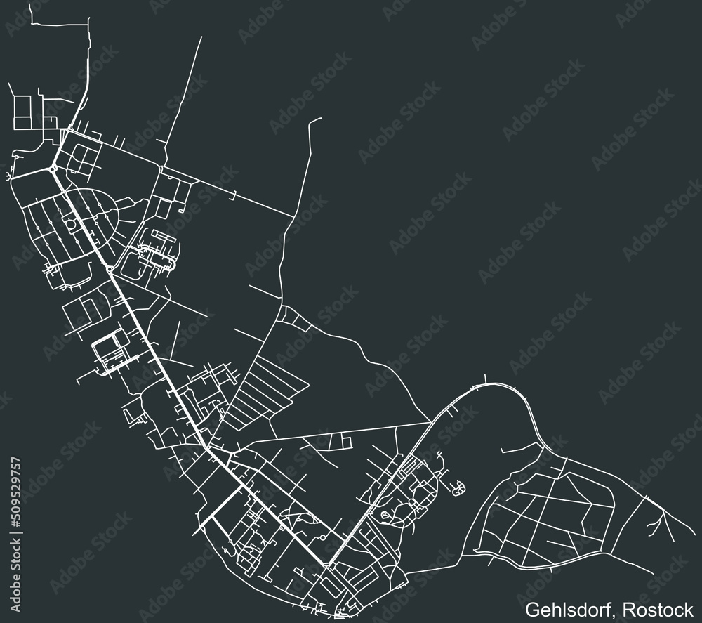 Detailed negative navigation white lines urban street roads map of the GEHLSDORF DISTRICT of the German regional capital city of Rostock, Germany on dark gray background