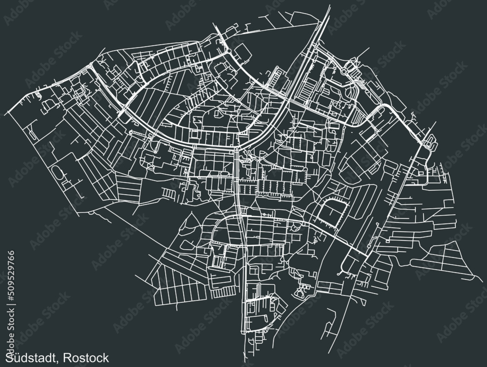 Detailed negative navigation white lines urban street roads map of the SÜDSTADT DISTRICT of the German regional capital city of Rostock, Germany on dark gray background