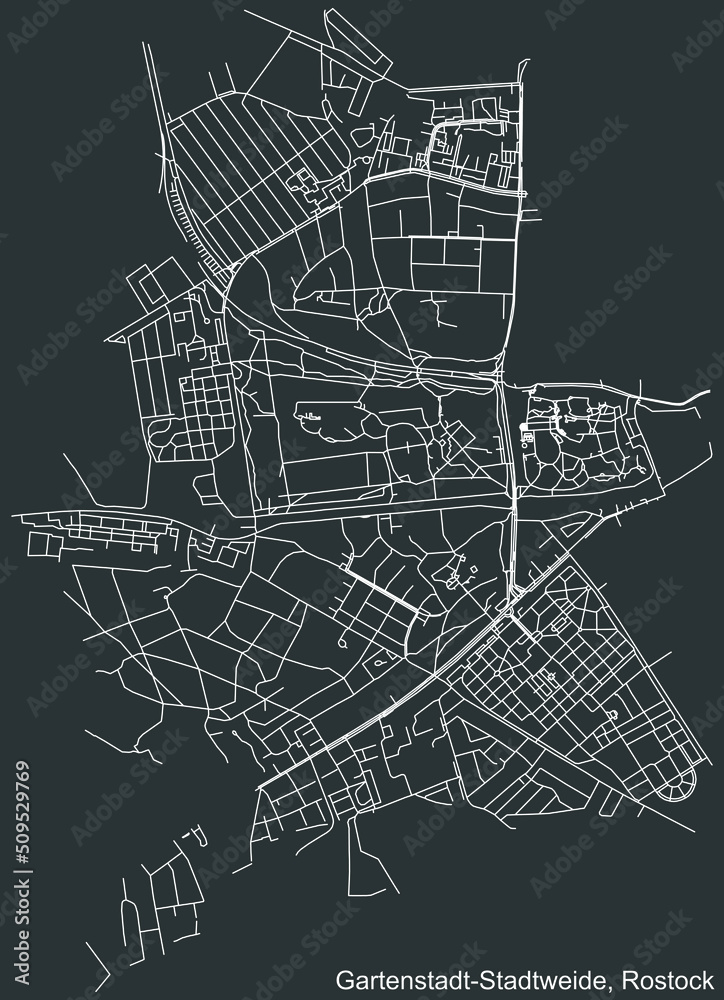 Detailed negative navigation white lines urban street roads map of the GARTENSTADT STADTWEIDE DISTRICT of the German regional capital city of Rostock, Germany on dark gray background