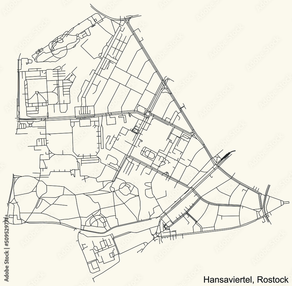 Detailed navigation black lines urban street roads map of the HANSAVIERTEL DISTRICT of the German regional capital city of Rostock, Germany on vintage beige background