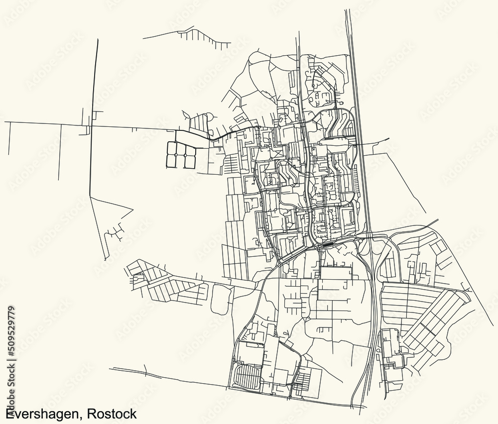 Detailed navigation black lines urban street roads map of the EVERSHAGEN DISTRICT of the German regional capital city of Rostock, Germany on vintage beige background
