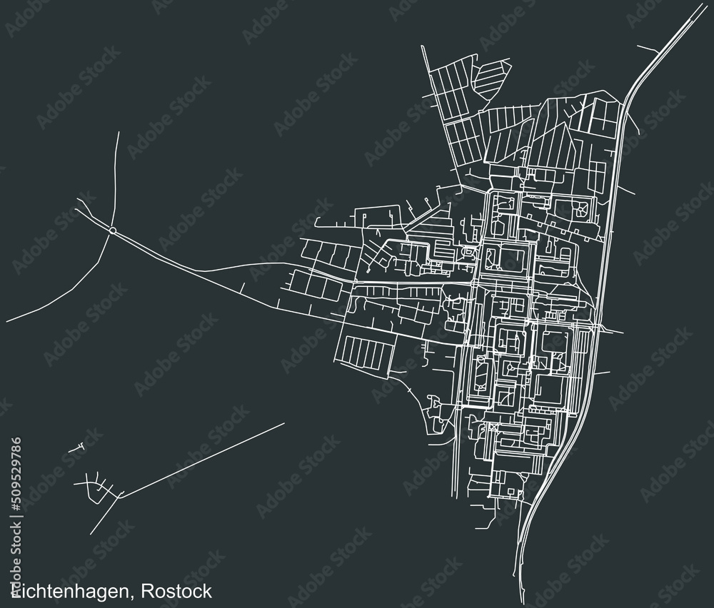 Detailed negative navigation white lines urban street roads map of the LICHTENHAGEN DISTRICT of the German regional capital city of Rostock, Germany on dark gray background