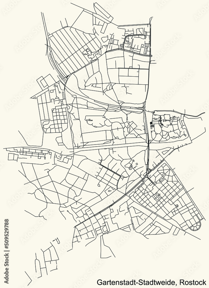 Detailed navigation black lines urban street roads map of the GARTENSTADT STADTWEIDE DISTRICT of the German regional capital city of Rostock, Germany on vintage beige background