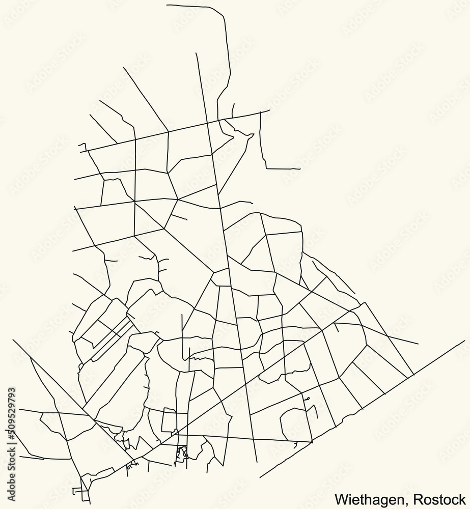 Detailed navigation black lines urban street roads map of the WIETHAGEN DISTRICT of the German regional capital city of Rostock, Germany on vintage beige background