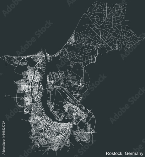 Detailed negative navigation white lines urban street roads map of the German regional capital city of ROSTOCK, GERMANY on dark gray background