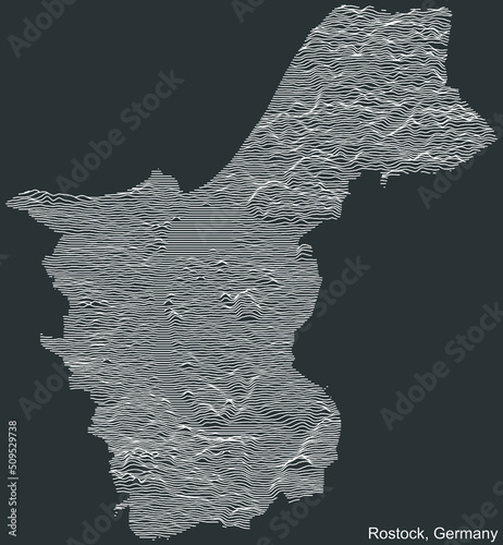 Topographic negative relief map of the city of ROSTOCK, GERMANY with white contour lines on dark gray background