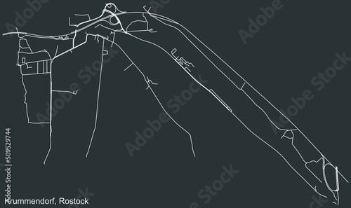 Detailed negative navigation white lines urban street roads map of the KRUMMENDORF DISTRICT of the German regional capital city of Rostock, Germany on dark gray background