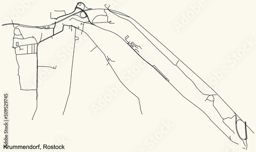 Detailed navigation black lines urban street roads map of the KRUMMENDORF DISTRICT of the German regional capital city of Rostock, Germany on vintage beige background