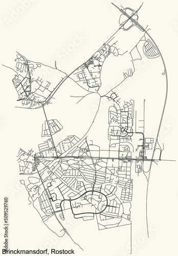 Detailed navigation black lines urban street roads map of the BRINCKMANSDORF DISTRICT of the German regional capital city of Rostock, Germany on vintage beige background