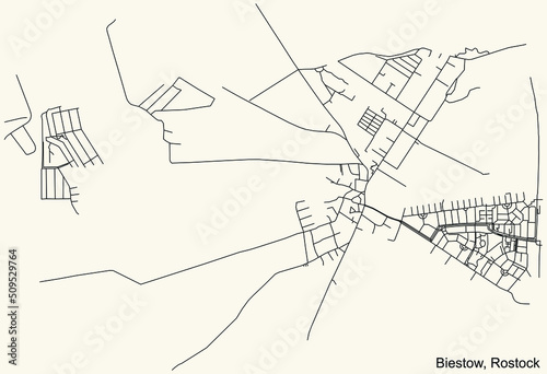 Detailed navigation black lines urban street roads map of the BIESTOW DISTRICT of the German regional capital city of Rostock, Germany on vintage beige background