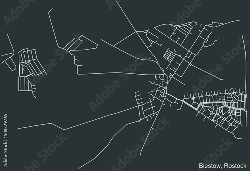 Detailed negative navigation white lines urban street roads map of the BIESTOW DISTRICT of the German regional capital city of Rostock, Germany on dark gray background