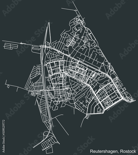 Detailed negative navigation white lines urban street roads map of the REUTERSHAGEN DISTRICT of the German regional capital city of Rostock, Germany on dark gray background