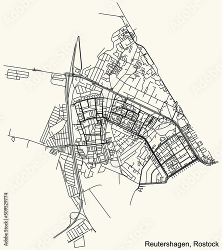 Detailed navigation black lines urban street roads map of the REUTERSHAGEN DISTRICT of the German regional capital city of Rostock, Germany on vintage beige background