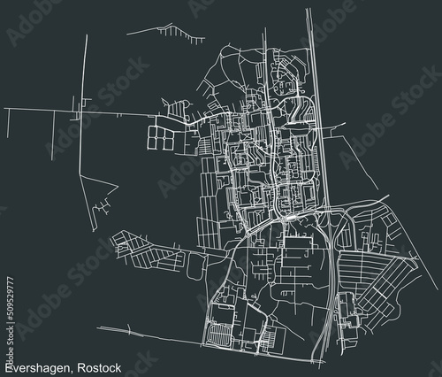 Detailed negative navigation white lines urban street roads map of the EVERSHAGEN DISTRICT of the German regional capital city of Rostock, Germany on dark gray background