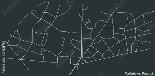 Detailed negative navigation white lines urban street roads map of the TORFBRÜCKE DISTRICT of the German regional capital city of Rostock, Germany on dark gray background