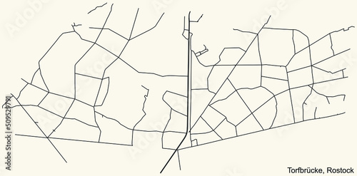 Detailed navigation black lines urban street roads map of the TORFBRÜCKE DISTRICT of the German regional capital city of Rostock, Germany on vintage beige background