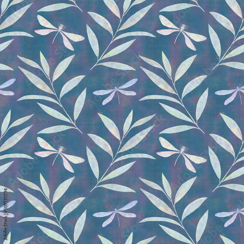 Watercolor butterflies  dragonflies  graceful twigs with leaves on an abstract background. Seamless botanical pattern for design.