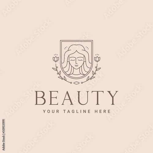 minimalist beauty woman's face flower badge line art icon logo template vector illustration design. simple feminine logo with nature concept for spa, massage, beauty salon, and cosmetic
