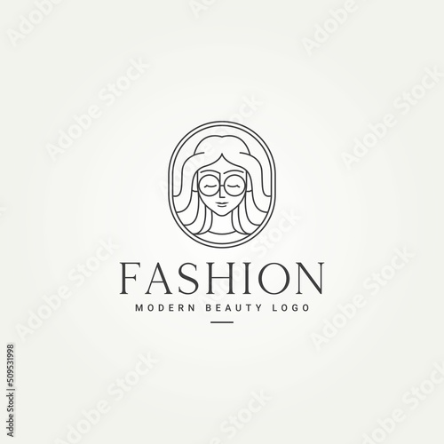 minimalist woman s face modern fashion badge line art icon logo template vector illustration design. simple modern style of woman s face with eyeglasses badge logo concept