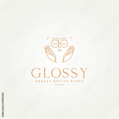 minimalist optics shop woman line art icon logo template vector illustration design. simple modern woman's face with eyeglasses logo for glasses shop logo or optical salon logo
