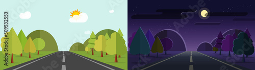 Night day scene vector flat landscape with mountains and forest road path highway cartoon, daytime nature background with sun and moon light time, horizon midnight summer outdoor view image photo