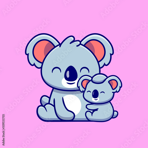 Cute Koala Mother With Baby Koala Cartoon Vector Icon Illustration. Animal Nature Icon Concept Isolated Premium Vector. Flat Cartoon Style