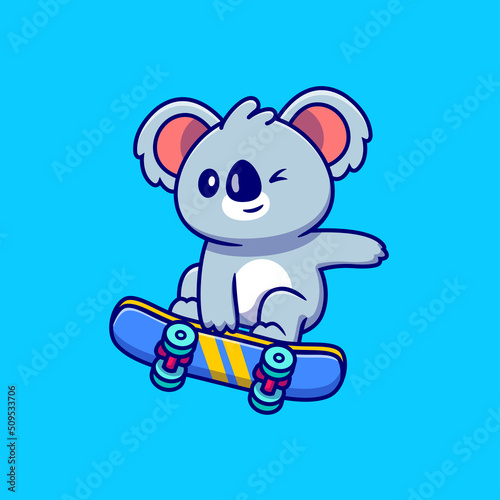 Cute Koala Playing Skateboard Cartoon Vector Icon Illustration. Animal Sport Icon Concept Isolated Premium Vector. Flat Cartoon Style