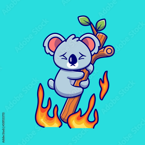 Photography Cute Koala Hanging On Burning Tree Cartoon Vector Icon Illustration