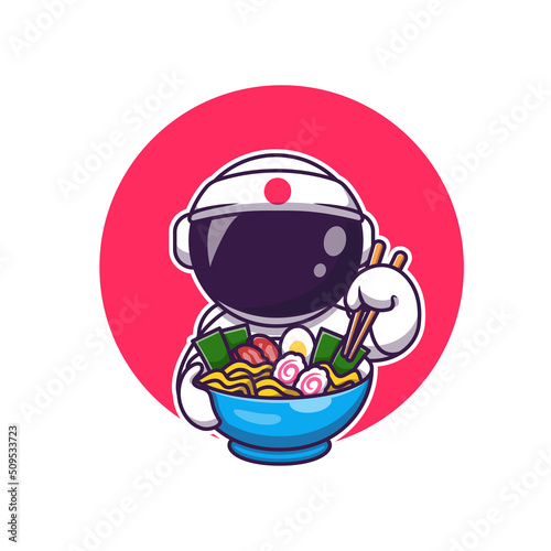 Cute Astronaut Eating Ramen Cartoon Vector Icon Illustration. Science Food Icon Concept Isolated Premium Vector. Flat Cartoon Style