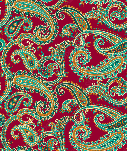 Seamless beautiful ethnic Paisley pattern on Red background