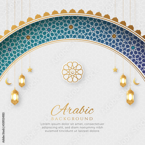 Arabic Islamic Elegant White and Golden Luxury Colorful Background with Islamic Arch and Decorative Lanterns