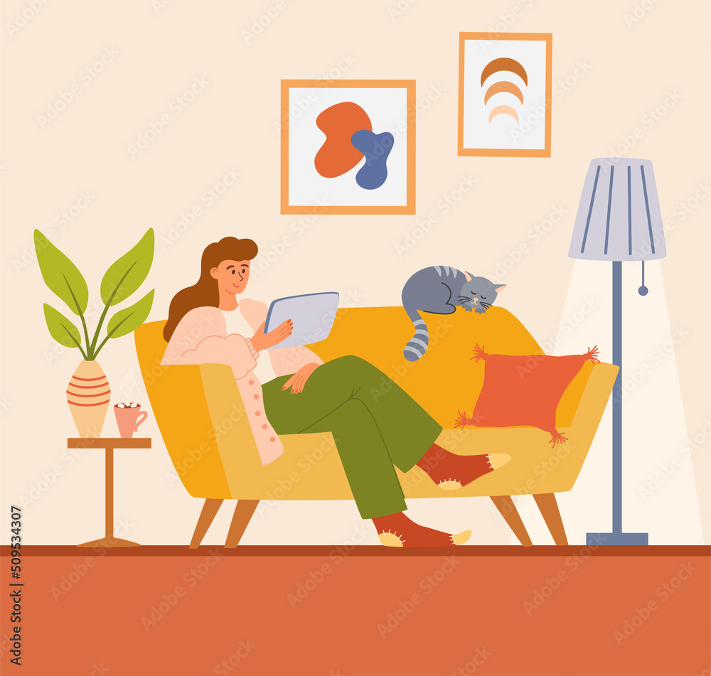 Woman sitting with laptop on the couch. Cozy scandinavian home interior. Girl spending time online. Daily life of social media networks user. Rest at home. Living room interior. Vector illustration. Woman sitting with laptop on the couch. Cozy scandinavian home interior. Girl spending time online. Daily life of social media networks user. Rest at home. Living room interior. Vector illustration.