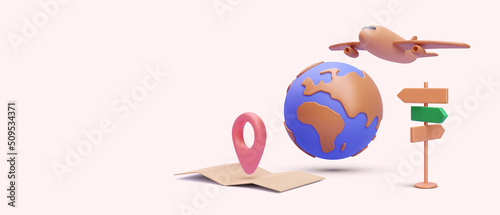 Tourism and travel concept in 3d realistic style with planet, map, road sign, airplane. Vector illustration