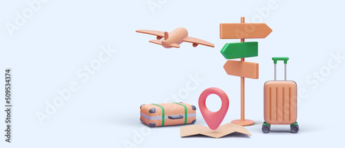 Travel banner in 3d realistic style with plane, pointer, map, suitcase. Vector illustration
