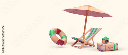 3d realistic render umbrella, beach chair, suitcase, camera, lifebuoy. Vector illustration